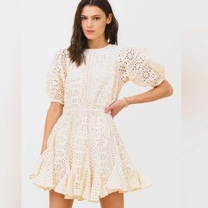 RHODE Molly Buttercream Eyelet Puff Sleeve Mini Open Back Dress